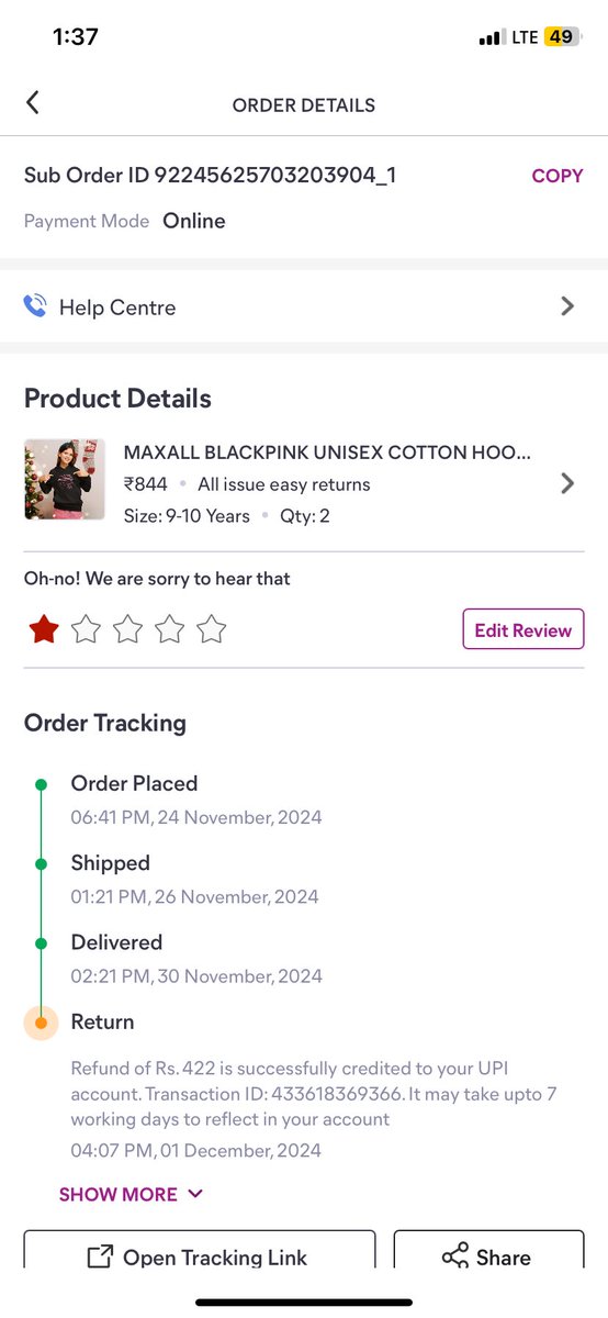 swatishahgupta's tweet photo. @meesho_support Such a Fraud!! I order 2 quantity of hoodie first they sent wrong product i filed for return they automatically select 1 quantity and i returned two quantity with QC and pickup guy took pic of both products but now they refunded only for one. https://t.co/yINAgWHISw