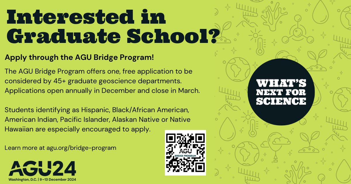 theAGU's tweet photo. 🎓Interested in graduate school? Apply through the AGU Bridge Program!
We offer one free application that allows you to be considered by 45+ geoscience departments in the U.S.
🚨Application opens on 15 December! https://t.co/JgebmlhASt
#BridgeProgram https://t.co/PhOTmbZifG
