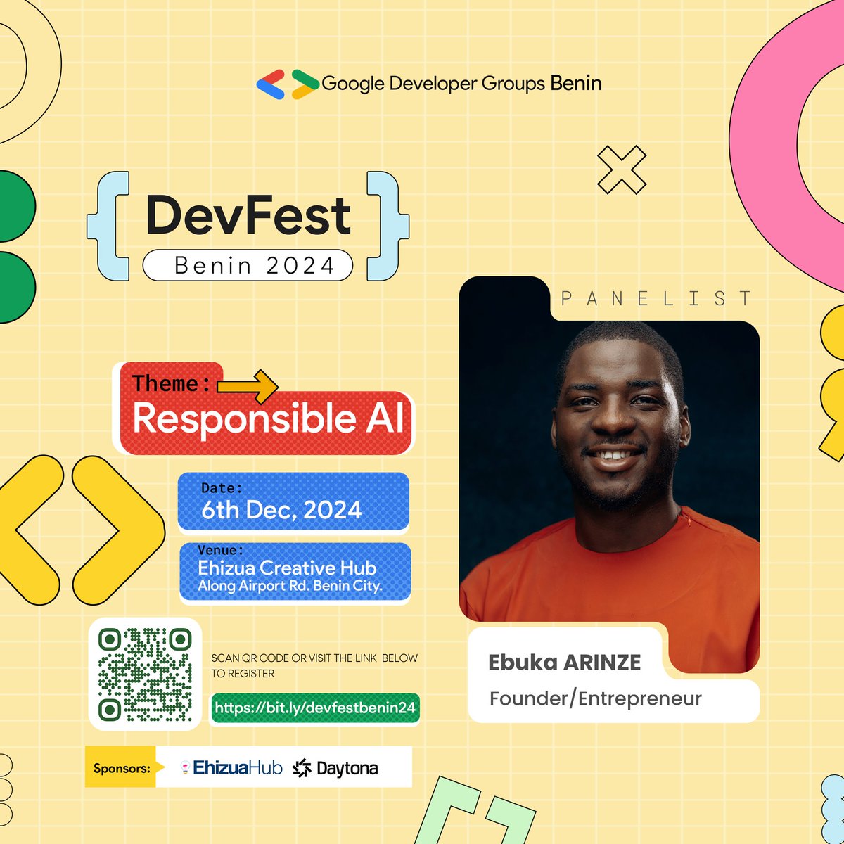 EbukaArinze_'s tweet photo. Thrilled to be a panelist at DevFest Benin 2024 happening tomorrow!
Sharing my perspective on Responsible AI will be an unforgettable privilege.
Looking forward to connecting amazing tech community at DevFest Benin.
#devfestbenin #DevFest #tech https://t.co/P1d15iChMS