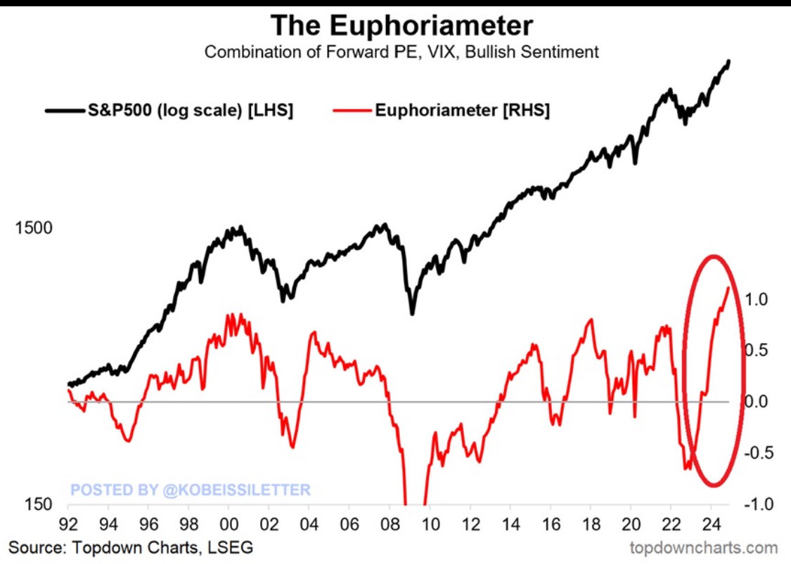 投資家のセンチメントを測る「ユーフォリアメーター」はITバブル時の数値を超え、過去最高の1.1ポイントを記録した。この指標は、S&P  500の予想PER、ボラティリティ指数（VIX）、投資家の強気センチメントを組み合わせて算出。投資家のセンチメントは、ユーフォリア（熱狂 ...