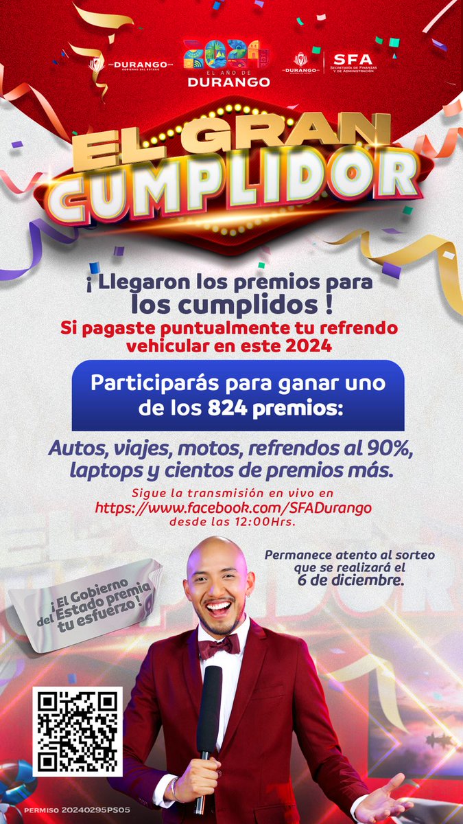 hermannlinden's tweet photo. Como muestra del reconocimiento de los duranguenses que cumplen en tiempo y forma, así como de manera comprometida con su con sus pagos de refrendo, el @gobdgo que encabeza @EVillegasV premiará a los ciudadanos con el sorteo "El Gran Cumplidor" que se llevará a cabo este viernes 6 de diciembre con 824 premios atractivos.