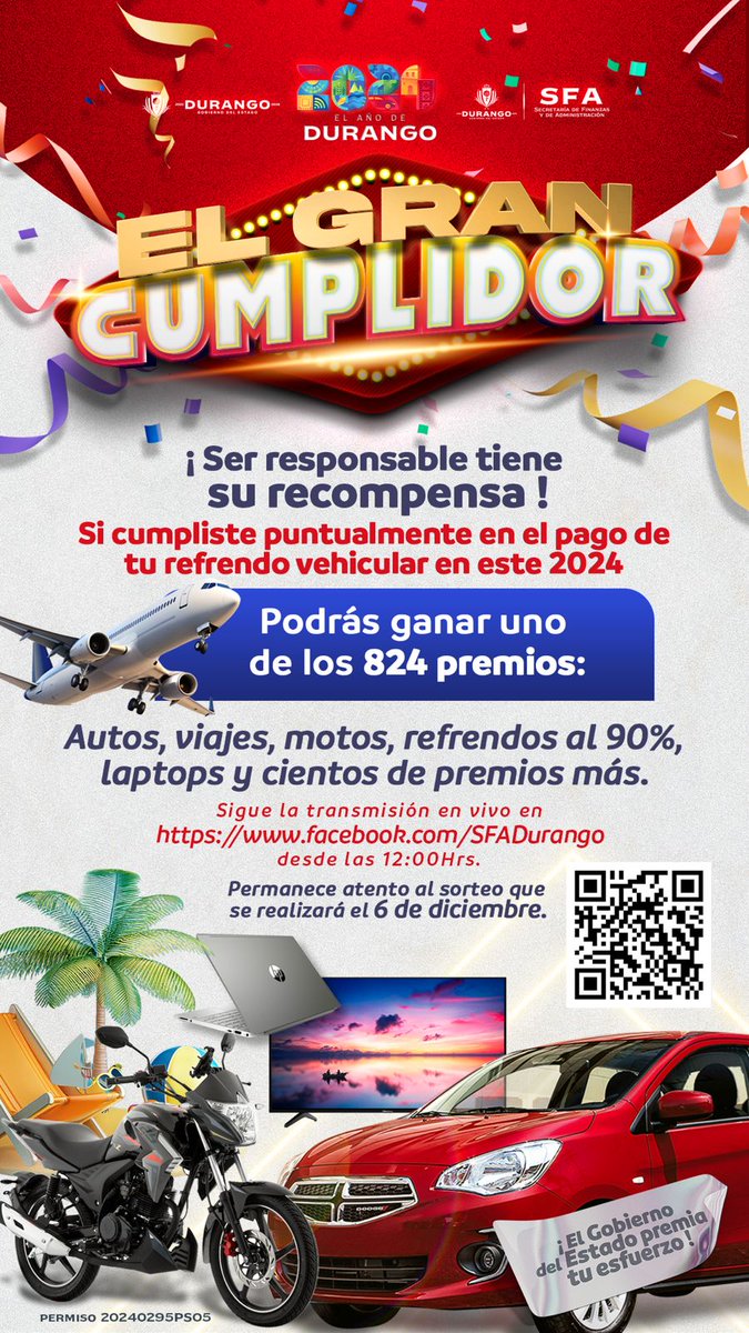 hermannlinden's tweet photo. Como muestra del reconocimiento de los duranguenses que cumplen en tiempo y forma, así como de manera comprometida con su con sus pagos de refrendo, el @gobdgo que encabeza @EVillegasV premiará a los ciudadanos con el sorteo "El Gran Cumplidor" que se llevará a cabo este viernes 6 de diciembre con 824 premios atractivos.
