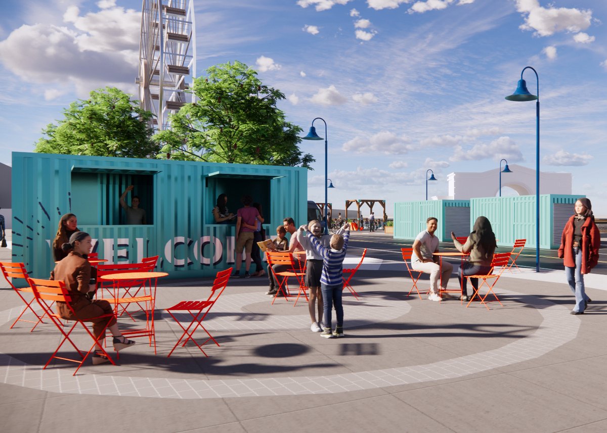 StreetPlans's tweet photo. Street Plans has been working with @TheWharfSF and the @SFPort to create a new public promenade with pergolas, planters, colorful seating, and micro-retail kiosks to enliven a previously uninviting stretch of SF's famous waterfront district! https://t.co/Yey0aG96fl