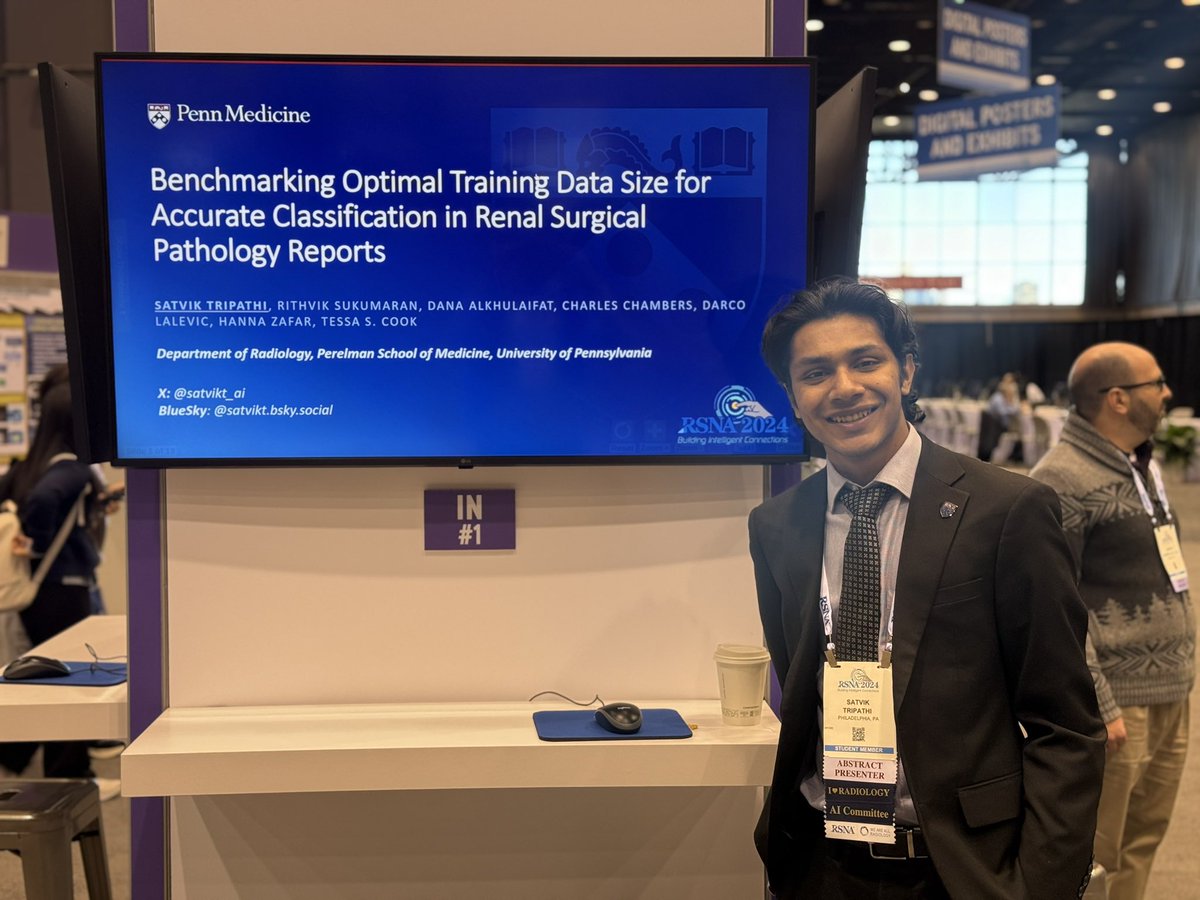 Satvik Tripathi (@satvikt_ai) on Twitter photo Wrapping up #RSNA24 strong with our poster on benchmarking optimal training data size for NLP tasks in labeling multi-site renal pathology reports!
Thanks to <a href="/asset25/">Tessa S. Cook MD PhD CIIP FSIIM FCPP FAAR</a> <a href="/hanna_zrad/">Hanna Zafar</a> <a href="/DAlkhulaifat/">Dana Alkhulaifat</a> and all of the team Wrapping up #RSNA24 strong with our poster on benchmarking optimal training data size for NLP tasks in labeling multi-site renal pathology reports!
Thanks to <a href="/asset25/">Tessa S. Cook MD PhD CIIP FSIIM FCPP FAAR</a> <a href="/hanna_zrad/">Hanna Zafar</a> <a href="/DAlkhulaifat/">Dana Alkhulaifat</a> and all of the team