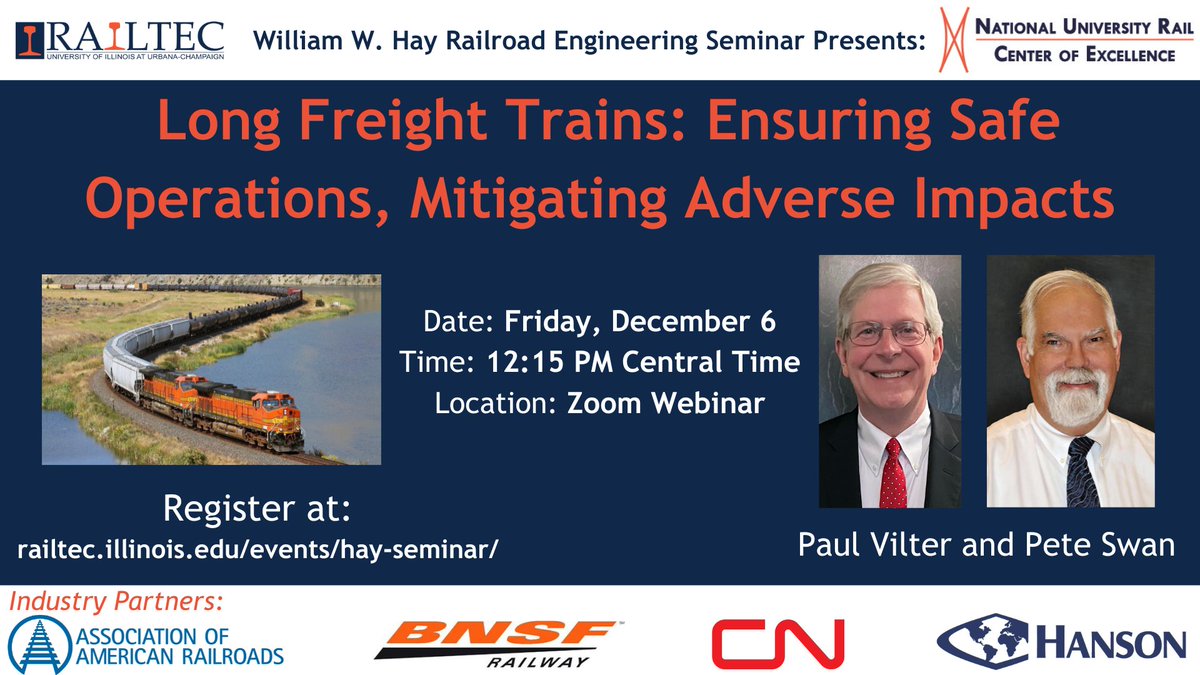 Join us virtually tomorrow for the William W. Hay Railroad Engineering Seminar "Long Freight Trains: Ensuring Safe Operations, Mitigating Adverse Impacts" by Paul Vilter &amp; Peter Swan.

Register at railtec.illinois.edu/events/hay-sem…