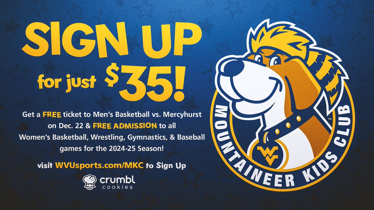WVUMKC's tweet image. A PERFECT HOLIDAY GIFT FOR THE KIDSπβοΈ
Sign up TODAY for just $35 and get FREE admission to @WVUWBB, @WVUWrestling, @WVUGymnastics and @WVUBaseball PLUS a FREE @WVUhoops ticket when the Mountaineers take on Mercyhurst on 12/22!
π« bit.ly/kidsclub24