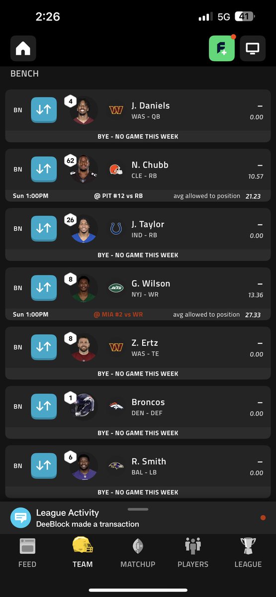 deepny01's tweet photo. @NFLFantasy There's not much options with all my bye weeks. My bench 🙃 https://t.co/M0twP26FX1