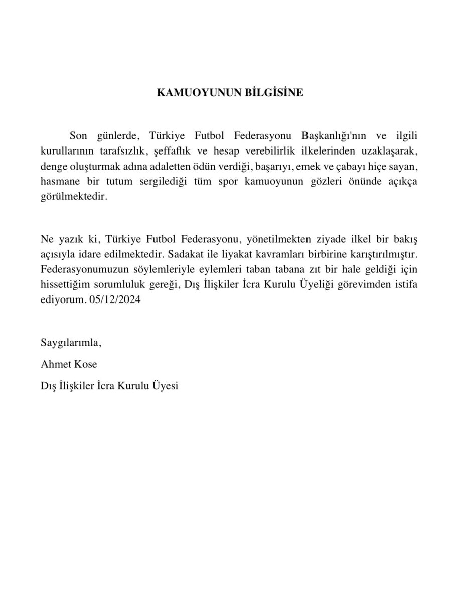 KoseAhmet's tweet photo. Kamuoyunun Bilgisine
Gördüğüm lüzum üzerine Türkiye Futbol Federasyonu Dıs İlişkiler İcra Kurulu üyeliğinden istifa Ediyorum. https://t.co/ZHPRc935Sm