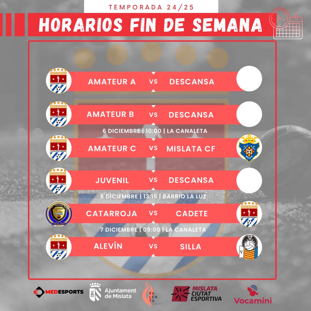 📢𝗛𝗢𝗥𝗔𝗥𝗜𝗢𝗦 𝗙𝗜𝗡 𝗗𝗘 𝗦𝗘𝗠𝗔𝗡𝗔 📢

Os dejamos los horarios de este fin de semana de los diferentes equipos de nuestra escuela. 

⚽️ ¡Qué ruede! ⚽️

👀 ¿Te los vas a perder? 

📣 1, 2, 3... ¡CIUTAT!