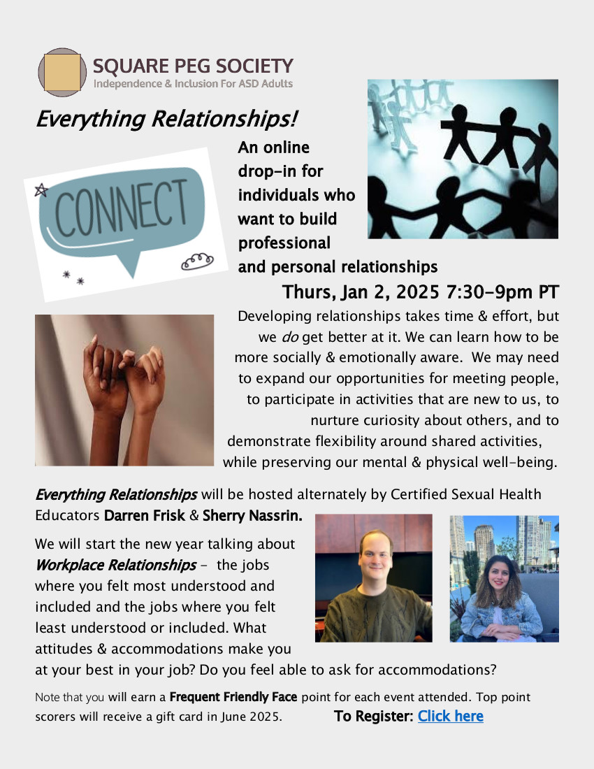SquarePegSo's tweet photo. Everything Relationships! - Thursday, January 2, 2025 7:30-9pm PT

A monthly online drop-in for individuals who want to build relationships, both professionally and personally.

January's topic: Workplace Relationships

Please register at the link below:
https://t.co/evpH1f8XJE https://t.co/sUbnTyHF3C