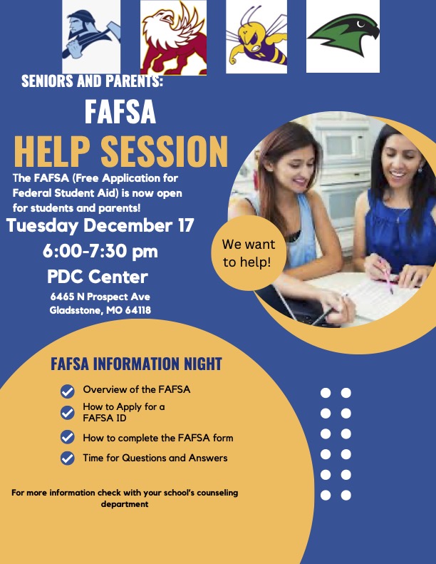 Attention Seniors!! If you and your parents are wanting some additional information about the FAFSA form or if you want help getting started with the process, then plan on attending the FAFSA help session on December 17th!