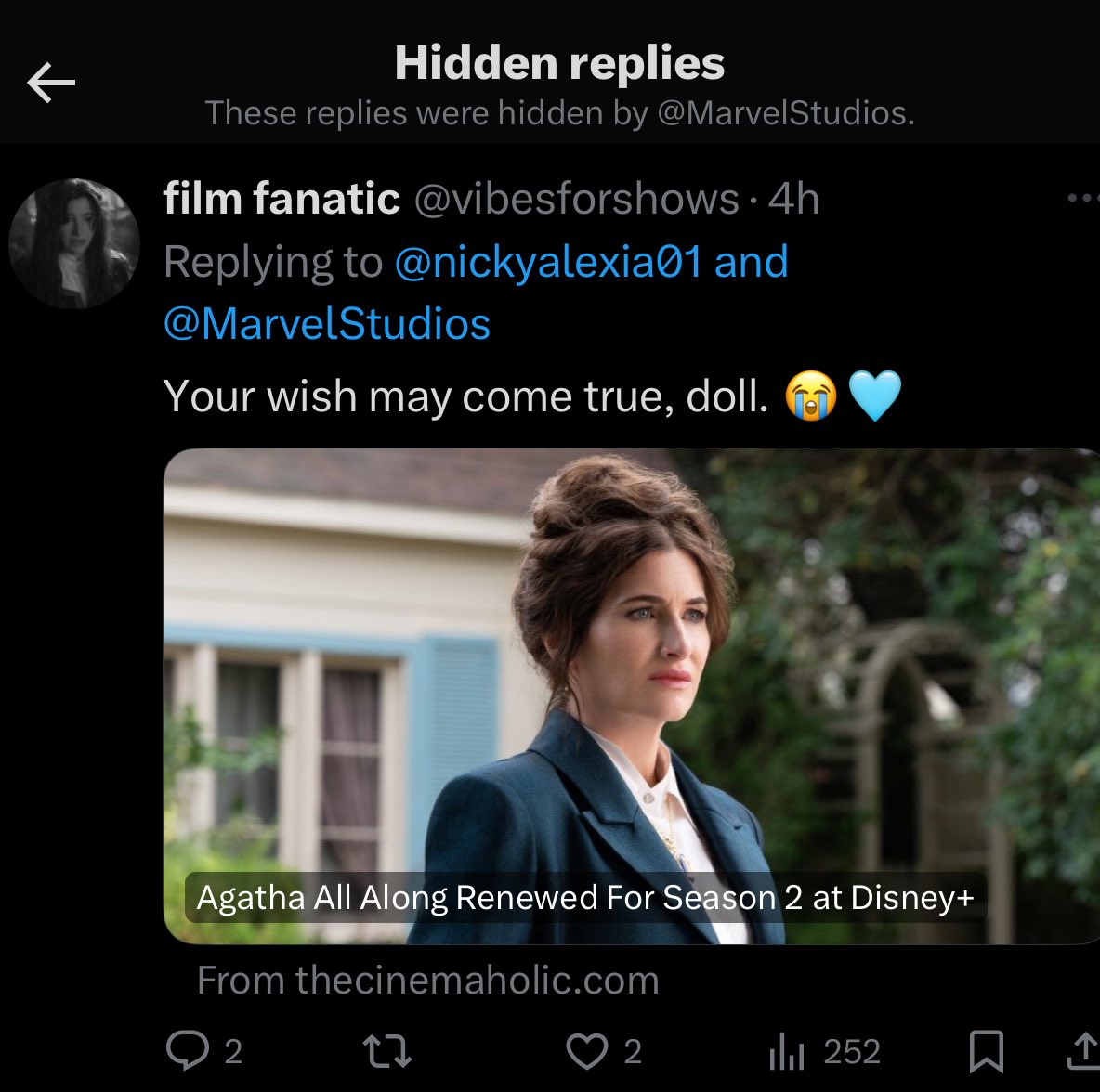 cosmic_marvel's tweet photo. The official Marvel Studios page on Twitter/X has been hiding replies that are saying ‘AGATHA ALL ALONG’ has been renewed for Season 2 👀 https://t.co/uSLrqSaeor