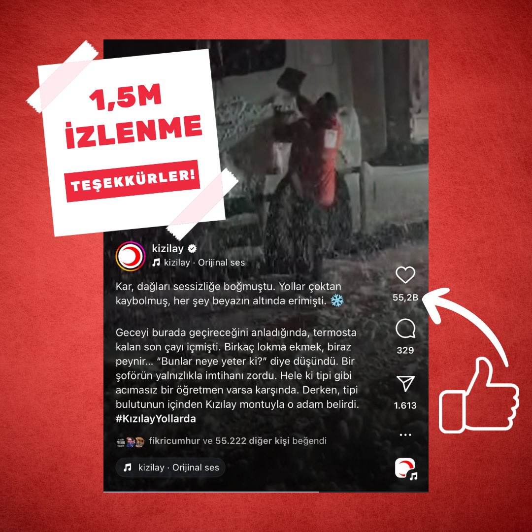 Kar yağışı çalışmaları sırasında hikayeleştirerek paylaştığımız videomuz instagram’da 1,5 milyon izlenmeye ulaştı.  

Başta sahada zor şartlar altında çalışan fedakâr afet ekiplerimiz olmak üzere herkese teşekkür ederiz. 🚨

Paylaşım: instagram.com/share/BAHnMkSP…