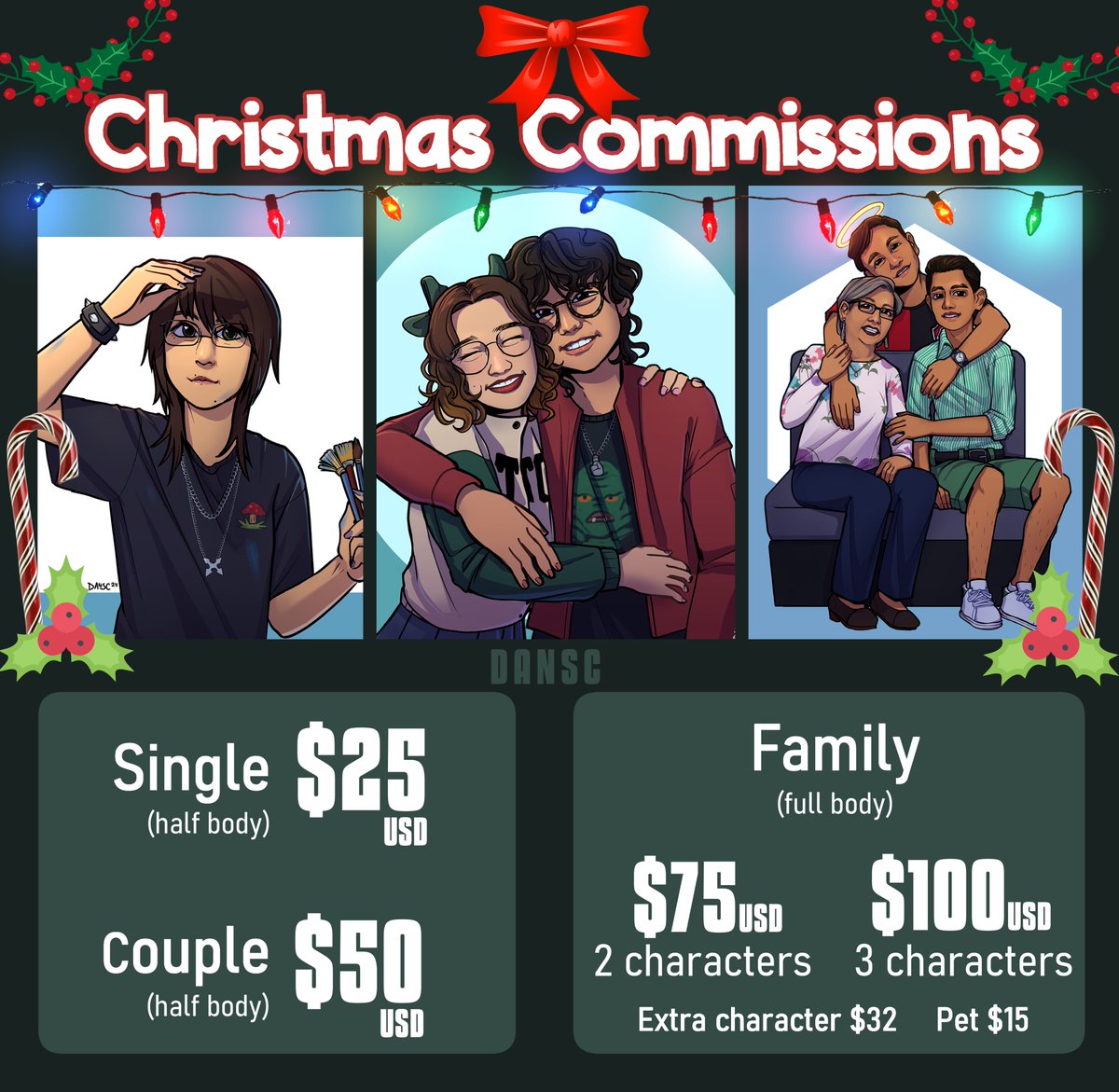 itsdansc's tweet image. 🎄✨CHRISTMAS COMMS!!!✨🎄

I&apos;m good at drawing real people, so if you want to surprise yoru partner or family get them a pretty cartoon  portrait! 👀

Of course I also draw OCs and Furry (and mecha 👀)

Thank you for sharing and Merry Christmas! ✨🎄🎄🎄