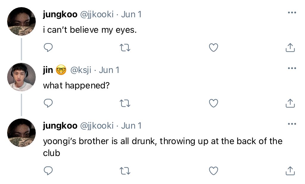 jin94i's tweet image. #drabble #taekookau where;

Jungkook is a barman, so he sees drunk people everyday. But he didn’t expect that one night he’s going to find his friend’s underage brother throwing up at the back of the club he’s working at.