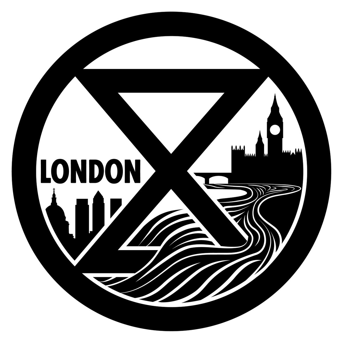 XRLondon's tweet photo. A NEW LOOK FOR LONDON!!
🔸The 'hourglass'  -  time has run out
🔸The Thames flows through our city, connecting us
🔸The Houses of Parliament represent one of the seats of power that we demand take action
🔸The City of London skyscrapers represent the world of corporate capitalism https://t.co/XOWrr3814O