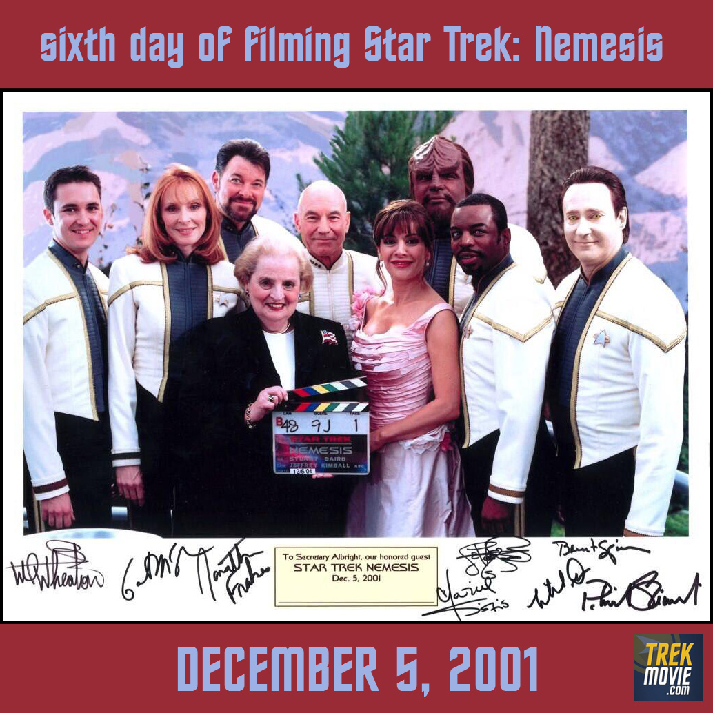 TrekMovie's tweet image. OTD 2001: Madeleine Albright, the first female U.S. Secretary of State, visited the #StarTrek: Nemesis set while they were filming Riker and Troi's wedding. 
#StarTrekTNG