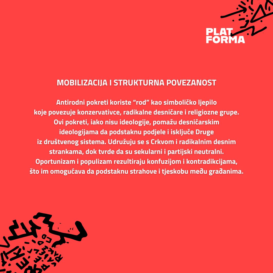 TransMreza's tweet photo. 📖 Drage naše i dragi naši, novi tekst iz magazina #plaTForma5 je online! 🆕

Antirodni pokret u desničarskom kontekstu

Antirodni pokreti u Makedoniji koriste nezadovoljstvo građana kako bi ojačali svoj uticaj. Udruženi s desničarskim i religijskim grupama, promovišu konzervativne vrijednosti, suprotstavljajući se rodno osjetljivom obrazovanju i pravnom prepoznavanju roda. Pandemija i ekonomska kriza dodatno su osnažile njihov narativ, kanališući strahove ka moralnoj panici.

Dolazak desničarske vlade najavljuje nove izazove za feminističke i ljevičarske aktere. Vrijeme je za rekonstrukciju strategija i otpor u borbi za prava svih marginalizovanih zajednica.

Ovaj magazin rađen je u saradnji sa našim kolegama_inicama iz lokalnih organizacija u regionu: Kolektiv Talas TIRV, Asocijacija Spektra i KolekTIRV. 🏳️‍⚧️

Ovaj broj magazina finansijski je podržan od strane: Rosa Luxemburg Stiftung Southeast Europe 🌹

Link u cjelosti možete pročitati na linku: https://t.co/BIs0D2JFSM