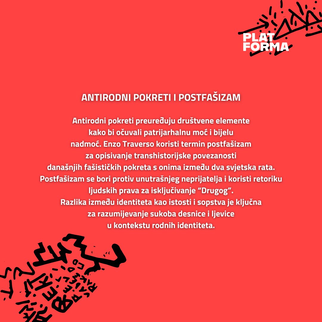 TransMreza's tweet photo. 📖 Drage naše i dragi naši, novi tekst iz magazina #plaTForma5 je online! 🆕

Antirodni pokret u desničarskom kontekstu

Antirodni pokreti u Makedoniji koriste nezadovoljstvo građana kako bi ojačali svoj uticaj. Udruženi s desničarskim i religijskim grupama, promovišu konzervativne vrijednosti, suprotstavljajući se rodno osjetljivom obrazovanju i pravnom prepoznavanju roda. Pandemija i ekonomska kriza dodatno su osnažile njihov narativ, kanališući strahove ka moralnoj panici.

Dolazak desničarske vlade najavljuje nove izazove za feminističke i ljevičarske aktere. Vrijeme je za rekonstrukciju strategija i otpor u borbi za prava svih marginalizovanih zajednica.

Ovaj magazin rađen je u saradnji sa našim kolegama_inicama iz lokalnih organizacija u regionu: Kolektiv Talas TIRV, Asocijacija Spektra i KolekTIRV. 🏳️‍⚧️

Ovaj broj magazina finansijski je podržan od strane: Rosa Luxemburg Stiftung Southeast Europe 🌹

Link u cjelosti možete pročitati na linku: https://t.co/BIs0D2JFSM