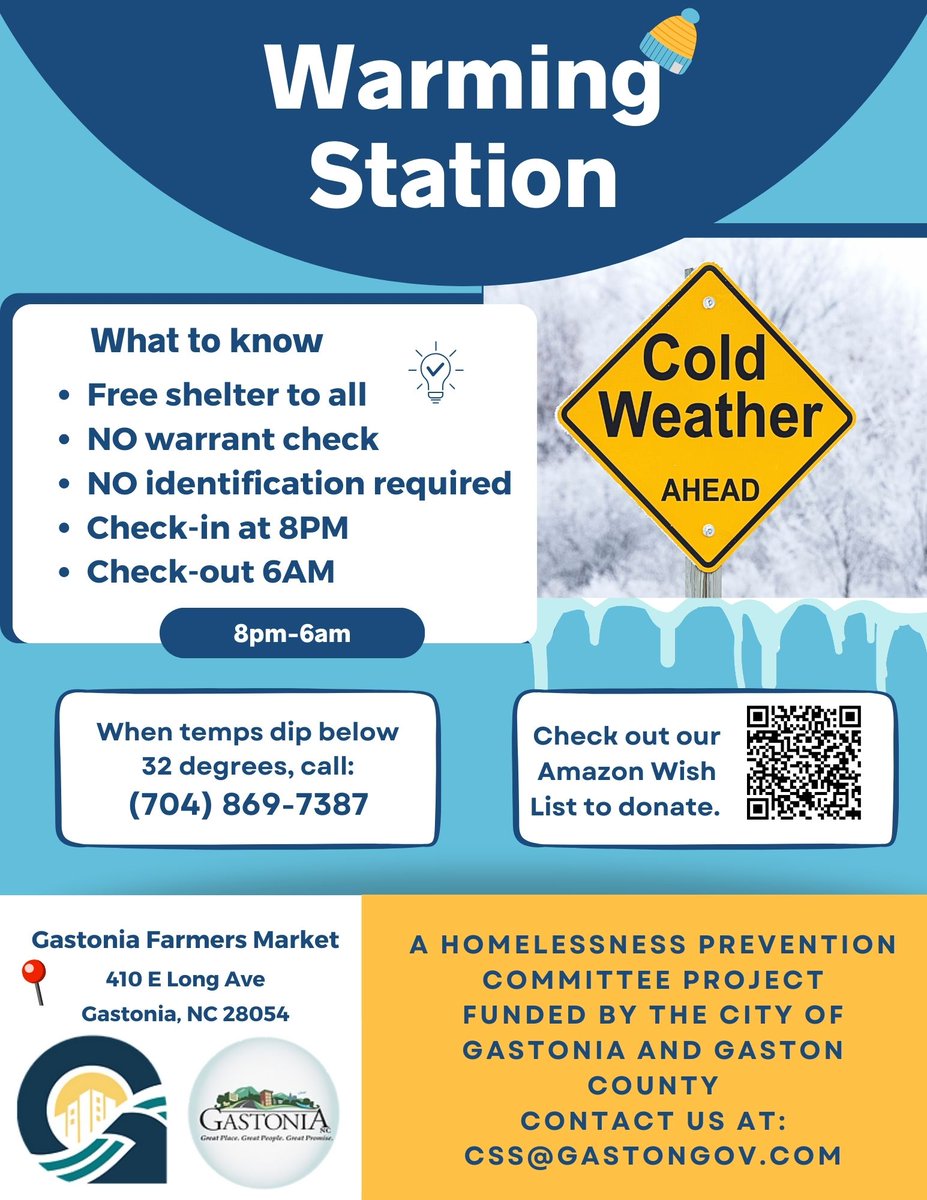 Guests can access the Family Life Center through the Wells Fargo Bank parking lot off Dr. Martin Luther King Jr. Way. The Warming Center hours will remain the same: 8 p.m. to 6 a.m.  The Warming Center will return to the Gastonia Farmer’s Market on Saturday night. 3/3