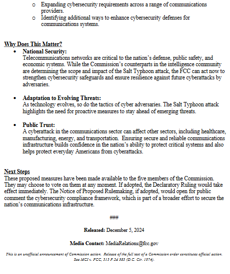 FCC's tweet photo. We are taking decisive steps to address vulnerabilities in telecommunications networks following the Salt Typhoon cyberattack. https://t.co/FLGCe9pS1I
