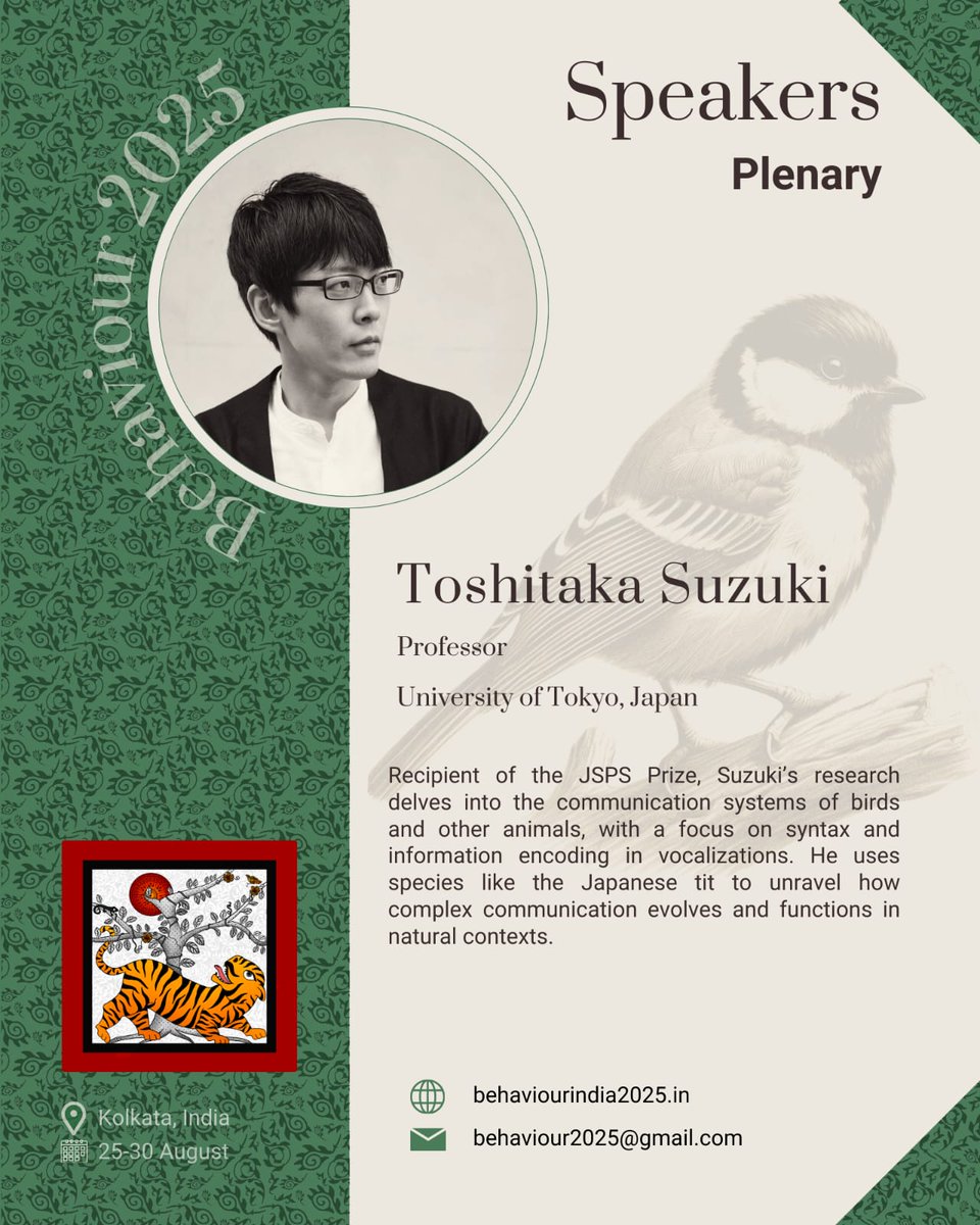 Behaviour2025's tweet image. Introducing our #behaviour2025 plenary speaker: Prof. Toshitaka Suzuki, who works on communication system of birds using species like the Japanese tit

toshitakasuzuki.com

#AnimalBehavior 
#ScienceConference 
#ECRChat #CollaborationInScience #GlobalScience 
#Conference