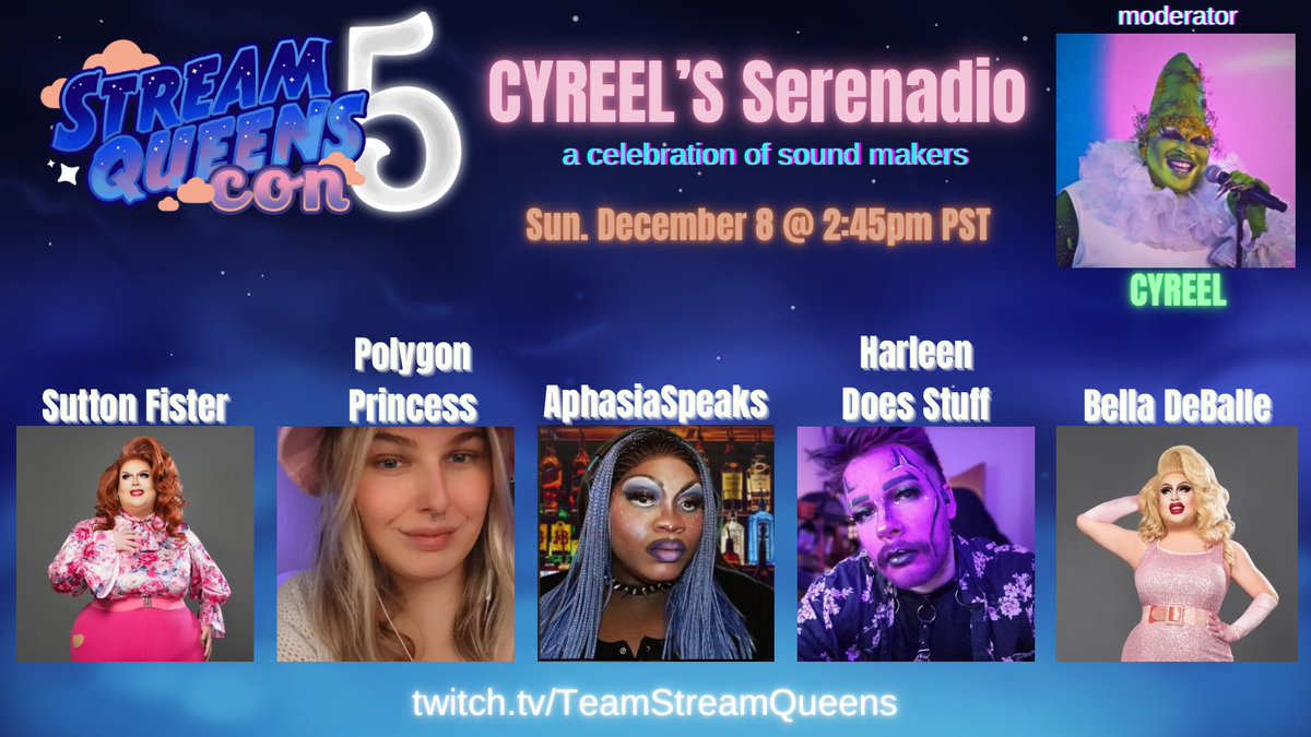 CYREELism's tweet photo. It’s upon us… #StreamQueensCon5☁️

CYREEL’s SERENADIO is for the musicians! 💿

Sun, Dec 8 at 2:45pm pst

Myself, @ItsSuttonFister , #PolygonPrincess , 
@AphasiaSpeaks , @HarleenStuff &amp; #BellaDeBalle will be chatting all things MUSIC 🎵

https://t.co/bqJCezzY04 https://t.co/8BQK8mVVqn