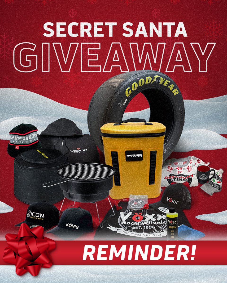 DiscountTire's tweet photo. ☃️ Have you entered the #SecretSantaContest yet? Do it now for a chance to win some of this amazing stuff! Enter today ➡️ https://t.co/KUFrDl2NdC
ENTER BY 11:59 PM on Thursday, December 12, 2024. https://t.co/jHy7rcaoAy