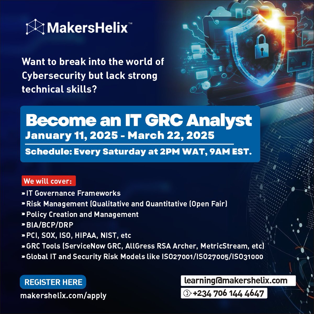 Do you want to break into the world of Cybersecurity, but lack strong technical skills? Make an impact on the industry as an IT GRC Analyst without needing advanced technical skills. 

Register on makershelix.com/apply to get started. 

#grcanalyst #cybersecurity #infosec