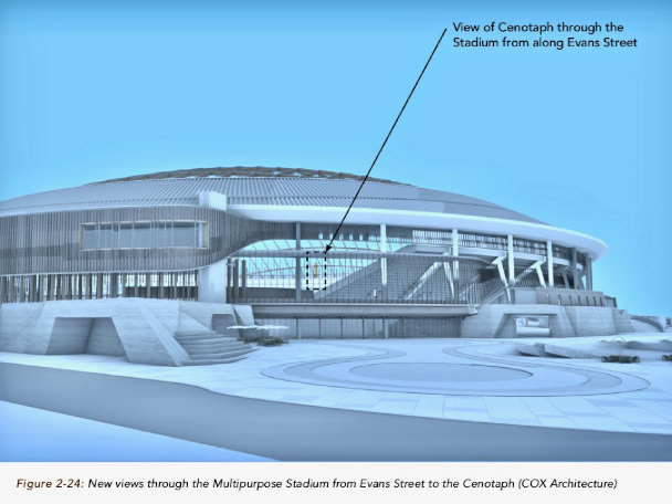TasInquirer's tweet photo. 'New view': diagram from ‘Macquarie Point Multipurpose Stadium Summary Report’ by MPDC. The stadium roof is 54 metres above sea level at its highest point. The top of the Cenotaph is 45 metres above sea level. https://t.co/sJHodsEzes