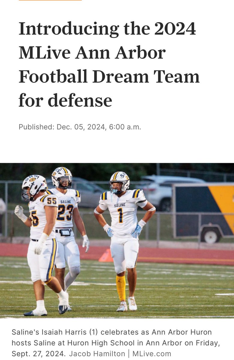 Isaiah Harris 3⭐️ (@isaiah_harris37) on Twitter photo Very thankful to be named MLive Defensive Player of the Year and named to the Ann Arbor Dream Team!!! <a href="/MLiveSports/">MLive Sports</a> <a href="/GregWickliffe10/">Greg Wickliffe</a> <a href="/SalineFootball/">Saline Football</a> <a href="/CoachShort_/">Kyle Short</a> <a href="/RisingStars6/">Rising Stars Academy</a> Very thankful to be named MLive Defensive Player of the Year and named to the Ann Arbor Dream Team!!! <a href="/MLiveSports/">MLive Sports</a> <a href="/GregWickliffe10/">Greg Wickliffe</a> <a href="/SalineFootball/">Saline Football</a> <a href="/CoachShort_/">Kyle Short</a> <a href="/RisingStars6/">Rising Stars Academy</a>