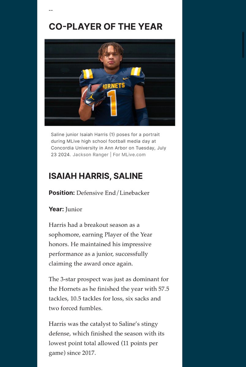 isaiah_harris37's tweet image. Very thankful to be named MLive Defensive Player of the Year and named to the Ann Arbor Dream Team!!! @MLiveSports @GregWickliffe10 @SalineFootball @CoachShort_ @RisingStars6