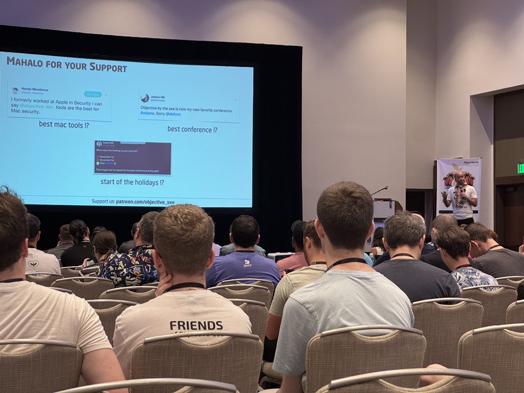 Wojciech Reguła (@_r3ggi) on Twitter photo My favourite #OBTS <a href="/objective_see/">Objective-See Foundation</a> conference has just started 🌺🏝️ I’m looking forward to see all the amazing Apple security talks 🤓 My favourite #OBTS <a href="/objective_see/">Objective-See Foundation</a> conference has just started 🌺🏝️ I’m looking forward to see all the amazing Apple security talks 🤓