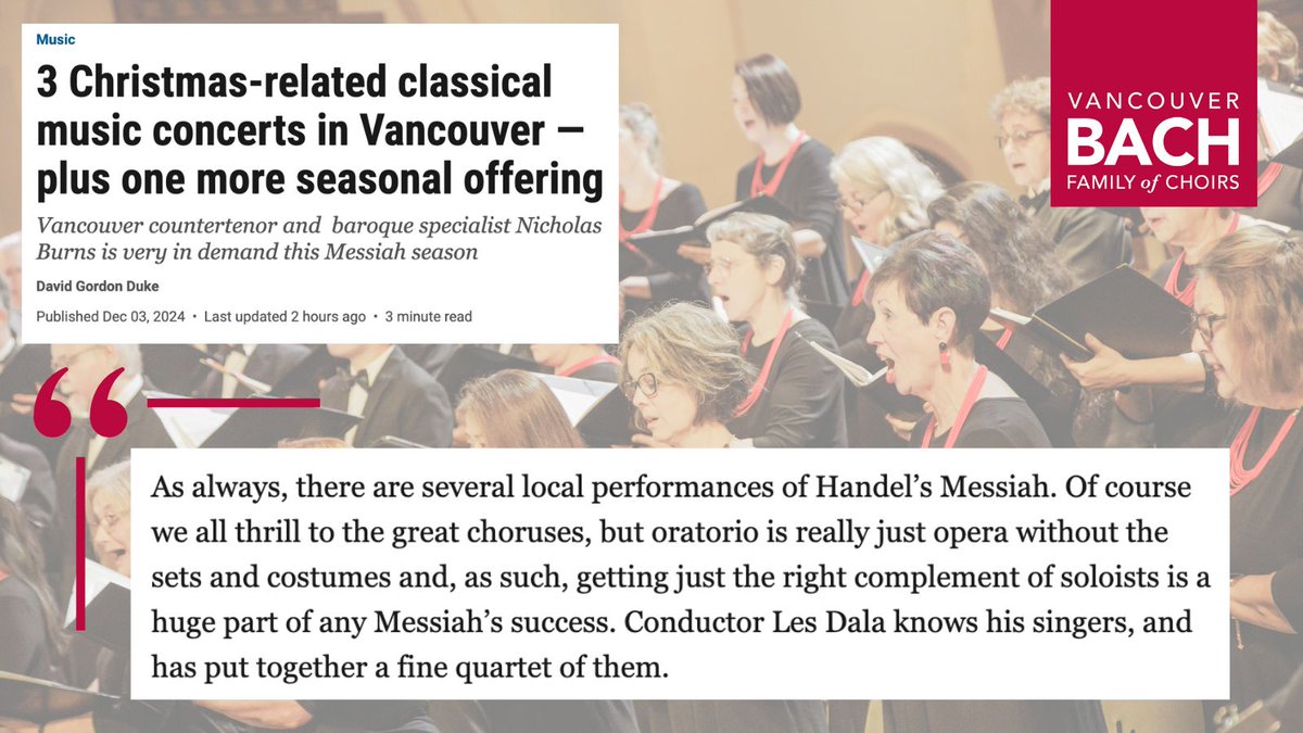 VanBachChoirs's tweet photo. Thank you to David Gordon Duke at the Vancouver Sun for including our upcoming performance of Handel's Messiah in his article, "3 Christmas-related classical music concerts in Vancouver" 🎶

Keep reading here:
https://t.co/D9BdlZmbuG https://t.co/2oTbMOnDAt