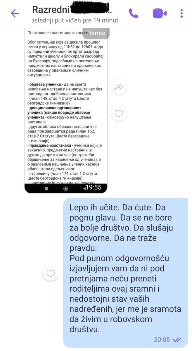 NenadBaletic's tweet photo. 🧨 Ljudi, kakav pritisak na srednjoškolce da ne napuste nastavu na 15 min! Razredne starešine šalju poruku članovima Saveta roditelja (bela poruka)!
Odgovor člana Saveta roditelja (ljubičasta poruka)💪
Delite ljudi da ih razotkrijemo u svim pritiscima🙏 https://t.co/n5kkQItT1t