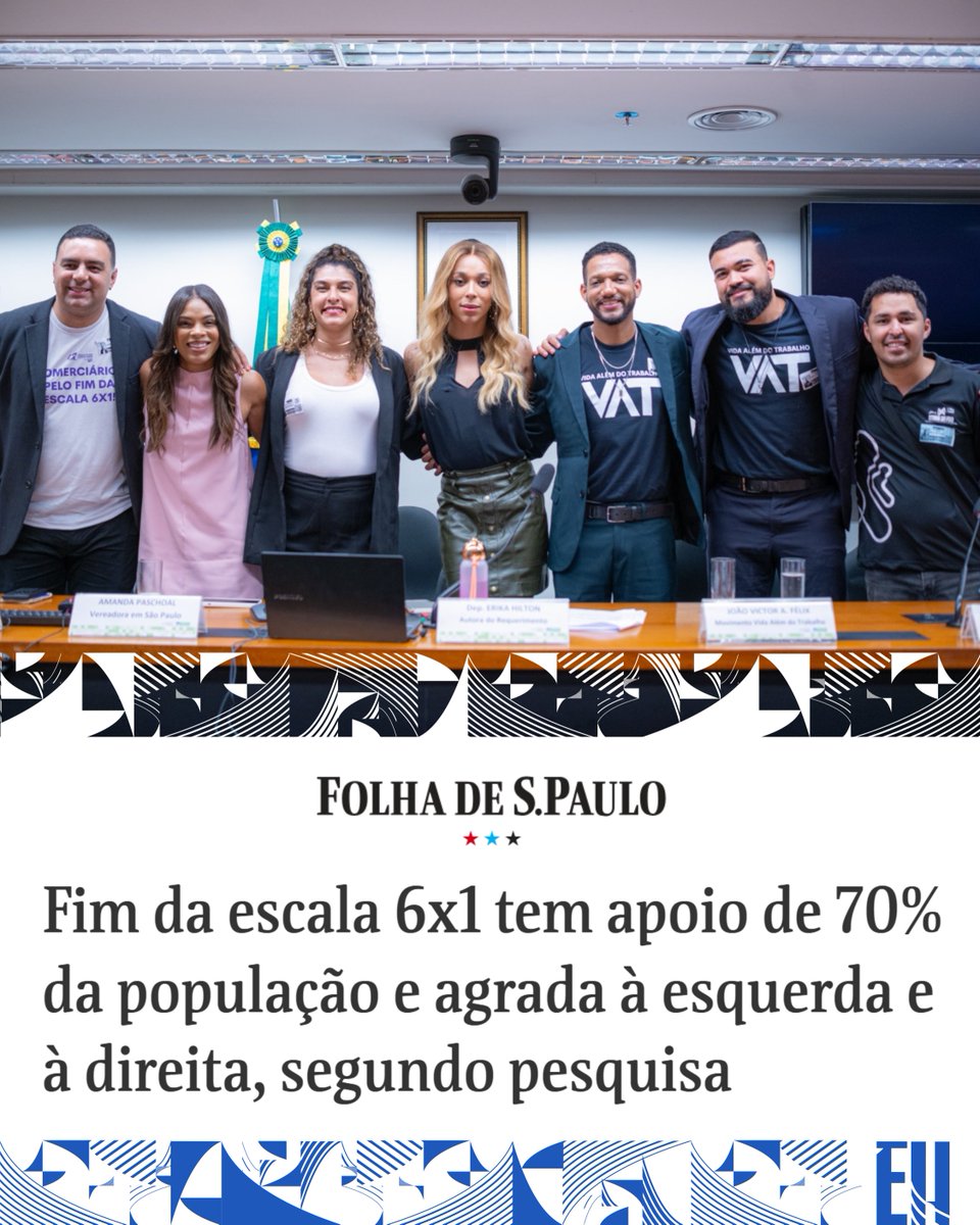 ErikakHilton's tweet image. 🚨 FIM DA ESCALA 6X1: MAIORIA DA POPULAÇÃO APÓIA

A coluna da Mônica Bergamo, na Folha, noticiou hoje que o fim da escala 6x1 tem apoio de 70% da população.

A proposta também une pessoas de esquerda (81,3% favoráveis) e de direita (54,9% favoráveis), de acordo com a pesquisa…