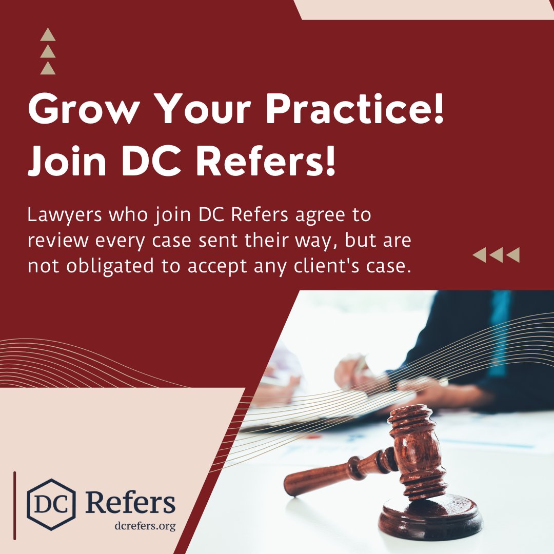🌟 Lawyers – ready to expand your client base? Join DC Refers!

DC Refers is a trusted resource for clients at all income levels, meaning you'll receive referrals for modest means clients &amp; those who can pay your regular or sliding scale rates. 

Apply at dcrefers.org.