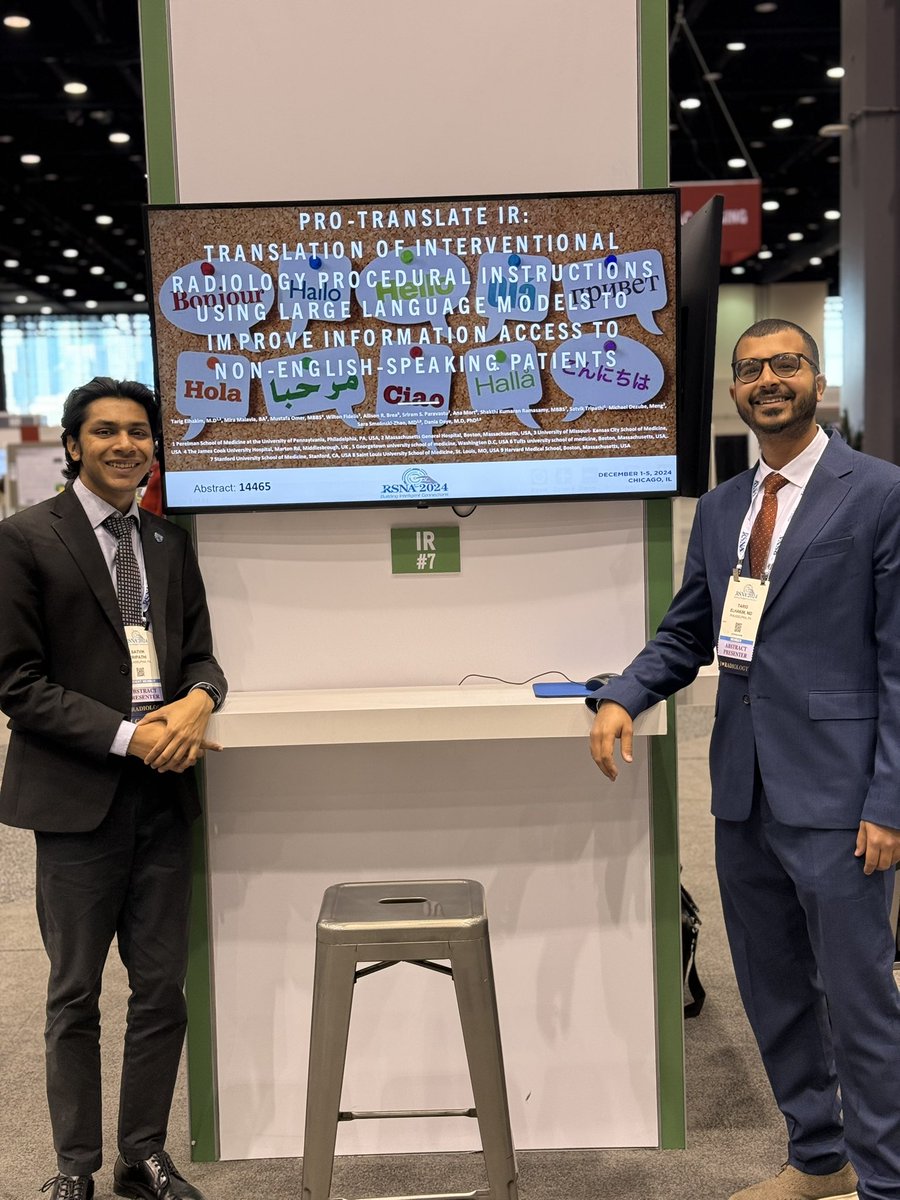 Satvik Tripathi (@satvikt_ai) on Twitter photo Yet another translational LLM study in patient care and education for #IR procedures by <a href="/TarigElhakim/">Tarig.Elhakim,MD</a>
Glad to have been able to contribute to this work!
Shoutout to <a href="/DaniaDaye/">Dania Daye, MD PhD</a> for all the mentorship and support!! #RSNA24 Yet another translational LLM study in patient care and education for #IR procedures by <a href="/TarigElhakim/">Tarig.Elhakim,MD</a>
Glad to have been able to contribute to this work!
Shoutout to <a href="/DaniaDaye/">Dania Daye, MD PhD</a> for all the mentorship and support!! #RSNA24