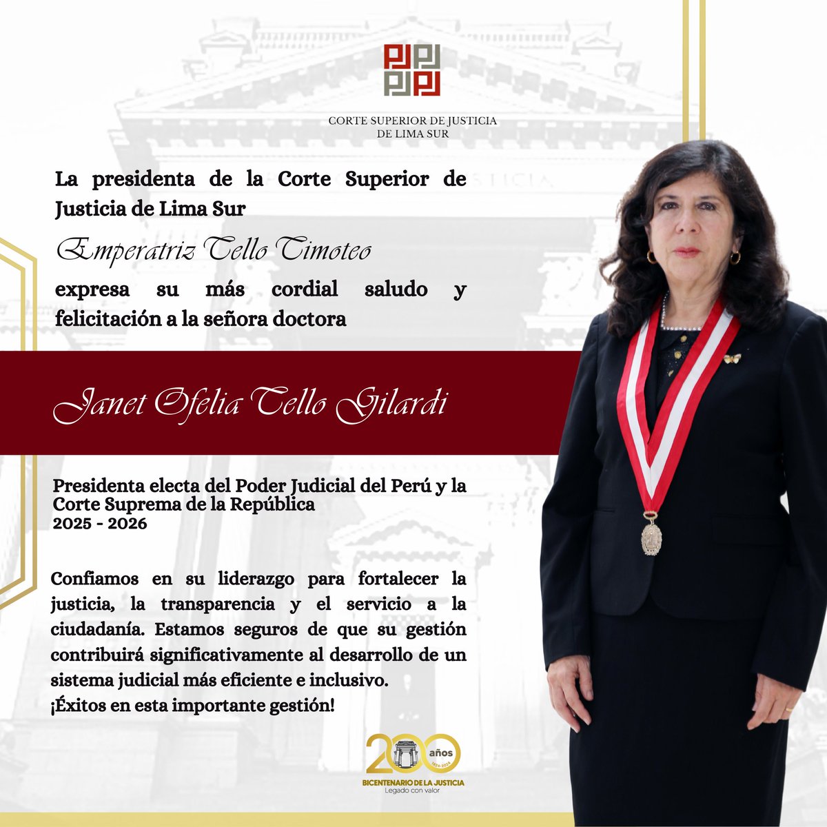 CSJlimasur's tweet photo. SALUDO INSTITUCIONAL. 📷📷
La presidenta de la Corte Superior de Justicia de Lima Sur, Emperatriz Tello Timoteo, saluda la elección de la jueza suprema Dra. Janet Tello Gilardi, como presidenta del Poder Judicial del Perú y la Corte Suprema de la República, 2025 - 2026. 📷📷 https://t.co/efDGLSZeDO