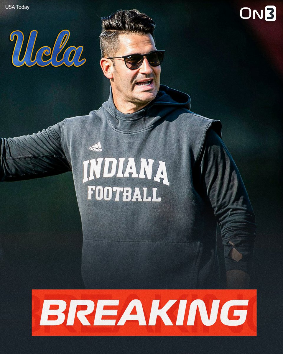 On3's tweet photo. NEWS: Indiana QB coach/co-OC Tino Sunseri is leaving to become UCLA's next offensive coordinator after the College Football Playoffs, @ZachOsterman reports👀

https://t.co/wYTJqcbGrf