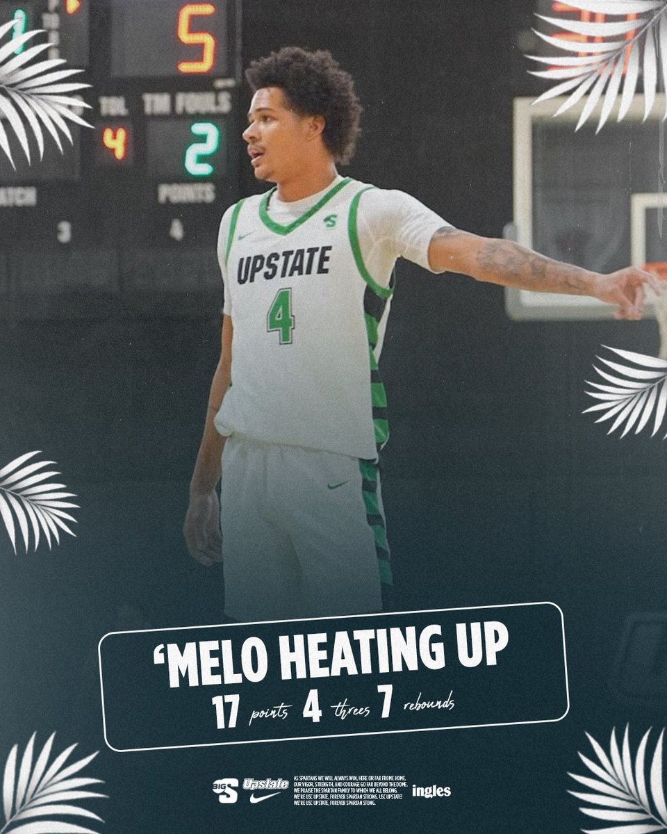 UpstateMBB's tweet photo. Have a night Carmelo! 

17 points, career-high-tying four treys, and career-high 7 rebounds against Brevard!

#SpartanArmy ⚔️ https://t.co/QUvqBySbS9