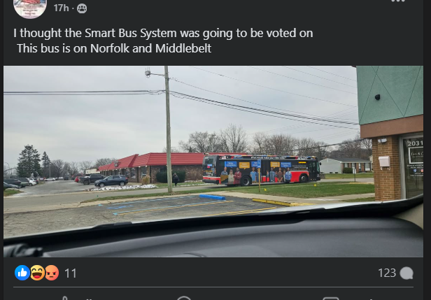 josh_sabo's tweet photo. Trying to be nice here but this is a post in a Livonia facebook group wherein many people are upset just by the *sight* of a bus in the city. So ridiculous. https://t.co/dYw0bKXkBv