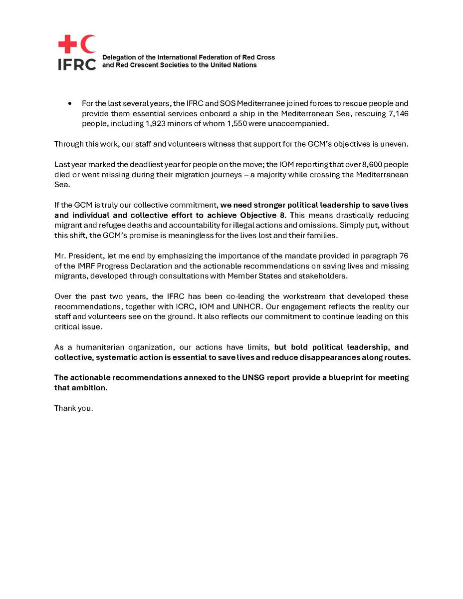 The IFRC &amp; National RC/RC Societies support over 14m people along their migration journeys, but as a humanitarian organization our actions can only go so far.

We urgently need stronger political leadership &amp; collective action to save lives.

Read our full statement to the UN: