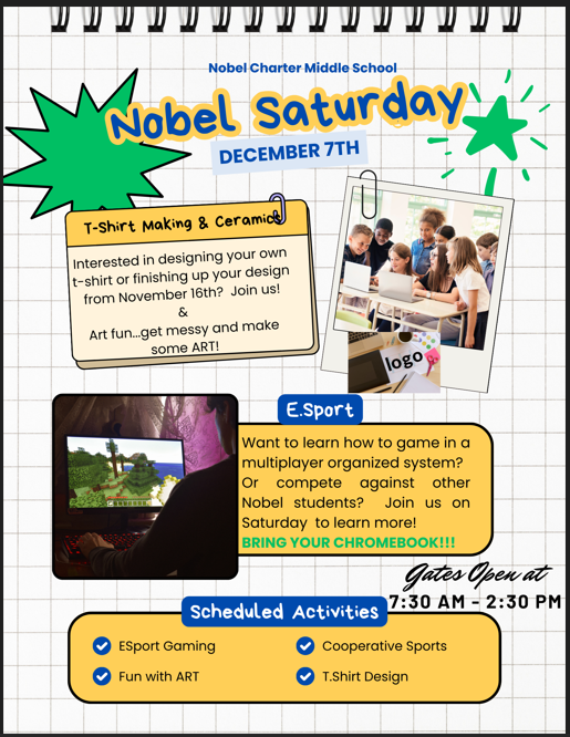 Saturday Fun Program at Nobel CMS
Please join us on Saturday, December 7, 2024, for the "Nobel Saturday Fun Program." The Saturday Fun Program hours are from 7:30 AM to 2:30 PM. 
forms.gle/yELCD5gjv4u5Fr…