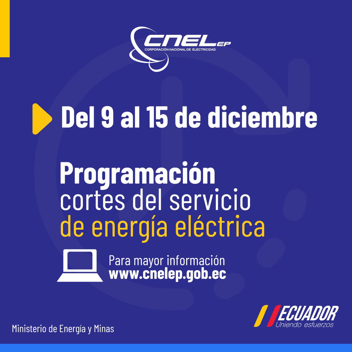 CNEL_EP's tweet photo. 🚨  IMPORTANTE

Consulta los horarios y sectores de las 11 Unidades de Negocio de #CNELEP que tendrán interrupción del servicio eléctrico del 09 al 15 de diciembre de 2024.

Horarios por Unidades de Negocio aquí: 

Bolívar: https://t.co/Bl7kVscelg
El Oro: https://t.co/KnDOermBj4
Esmeraldas: https://t.co/PoDk8eAIIu
Guayaquil: https://t.co/WN5sW4piBP
Guayas Los Ríos: https://t.co/FHti5jPhJj
Los Ríos: https://t.co/RqtPMlimPv
Manabí: https://t.co/5dfEgL8mkP
Milagro: https://t.co/InXQe1bvXk
Santa Elena: https://t.co/ZNjnU9hABR
Santo Domingo: https://t.co/fc7enmDloK
Sucumbíos: https://t.co/RbKxV9V57R
