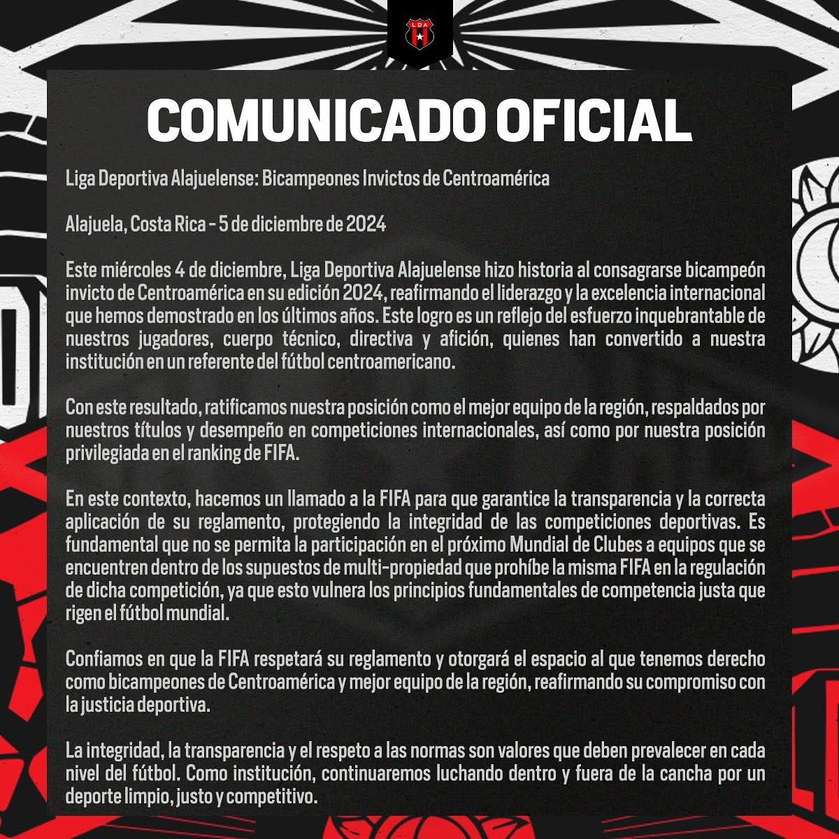 KevinJimenezCR's tweet photo. COMUNICADO OFICIAL de LDA: “Hacemos un llamado a la FIFA para que garantice la transparencia y la correcta aplicación de su reglamento. Es fundamental que no se permita la participación en el próximo Mundial de Clubes de equipos con supuesta MultiPropiedad”. 

QUIEREN EL MUNDIAL DE CLUBES ❤️🖤