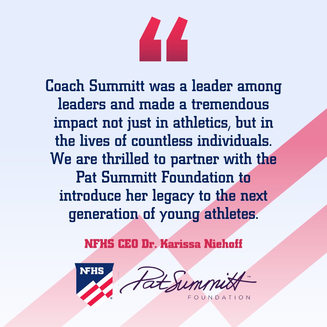 NFHS_Org's tweet photo. The NFHS has agreed to a multi-year corporate partnership with the Pat Summitt Foundation. 

Through this partnership, schools across the country are encouraged to support the Foundation through “We Back Pat” games or other initiatives.

🔗 https://t.co/pC60iCOL2C https://t.co/JJ4r9LBR1O