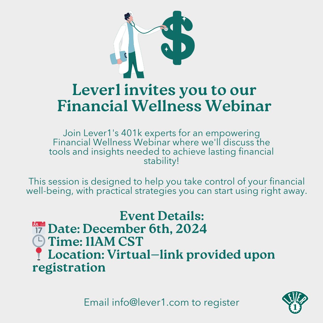 Join Lever1 for our Financial Wellness Webinar on December 6th! This is one of many webinars we host for our clients and their employees to further their personal and professional development.
Click here: register.gotowebinar.com/register/54367… to register!