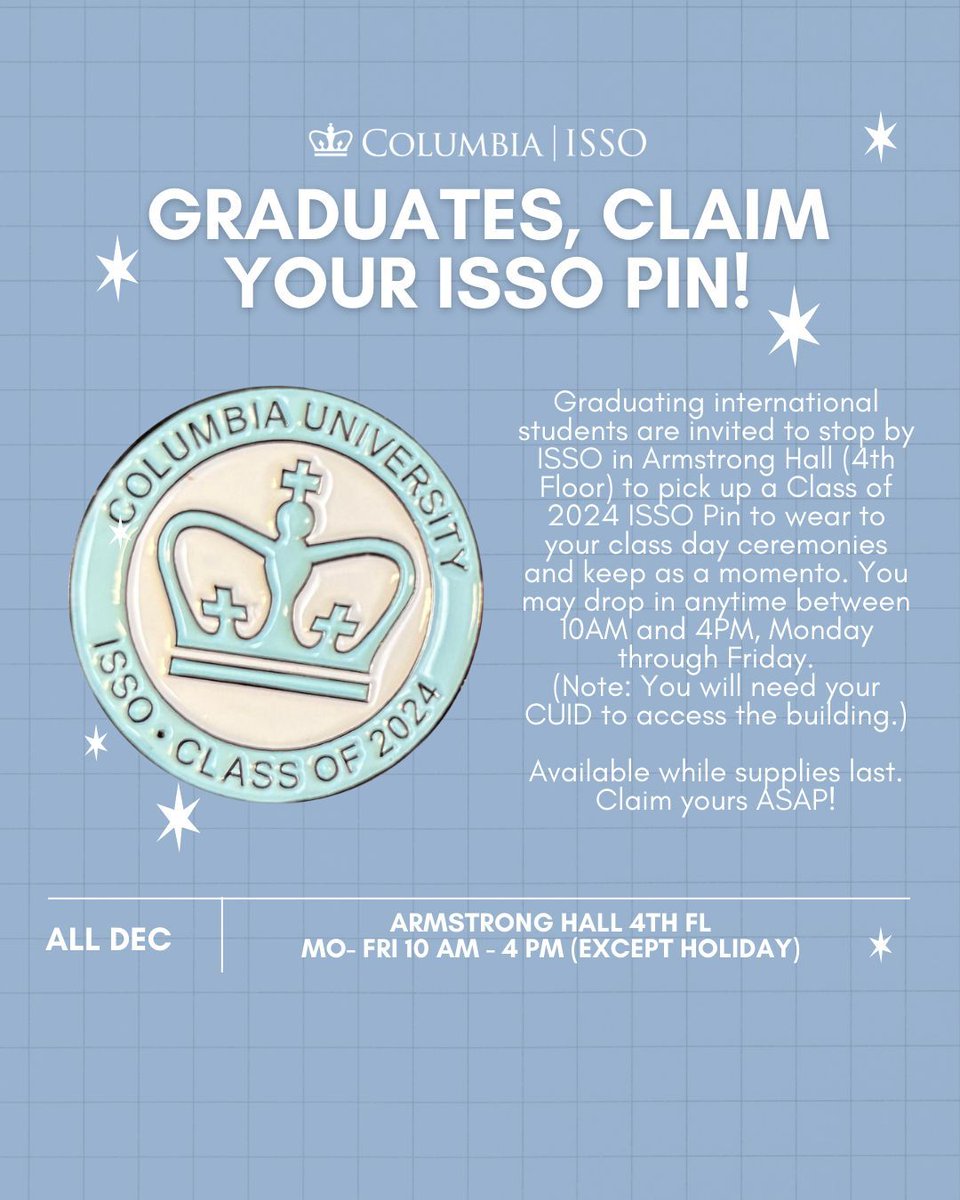Class of 2024 grads, pick up your ISSO Graduation Pin! Drop by Armstrong Hall, Mon-Fri, 10 AM-4 PM on work days, to claim yours. Don’t forget your CUID! Pins are available while supplies last—come get yours ASAP! 💙