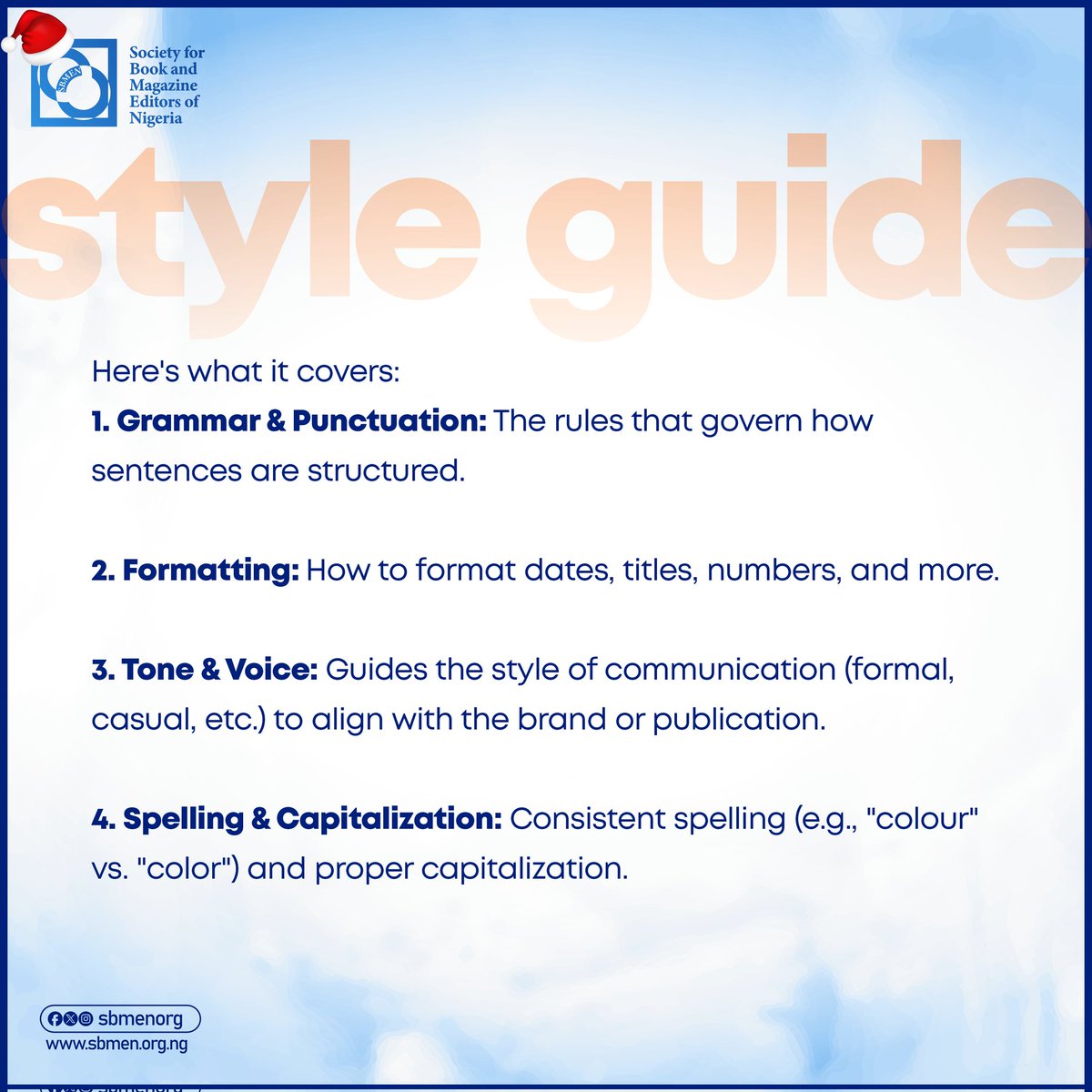 sbmenorg's tweet image. Every masterpiece of writing begins with consistency. A style guide isn’t just a tool—it’s your roadmap to clarity, professionalism, and brand alignment.

📖 Swipe to learn why it’s essential for your writing projects!

#Sbmen #editors #styleguide